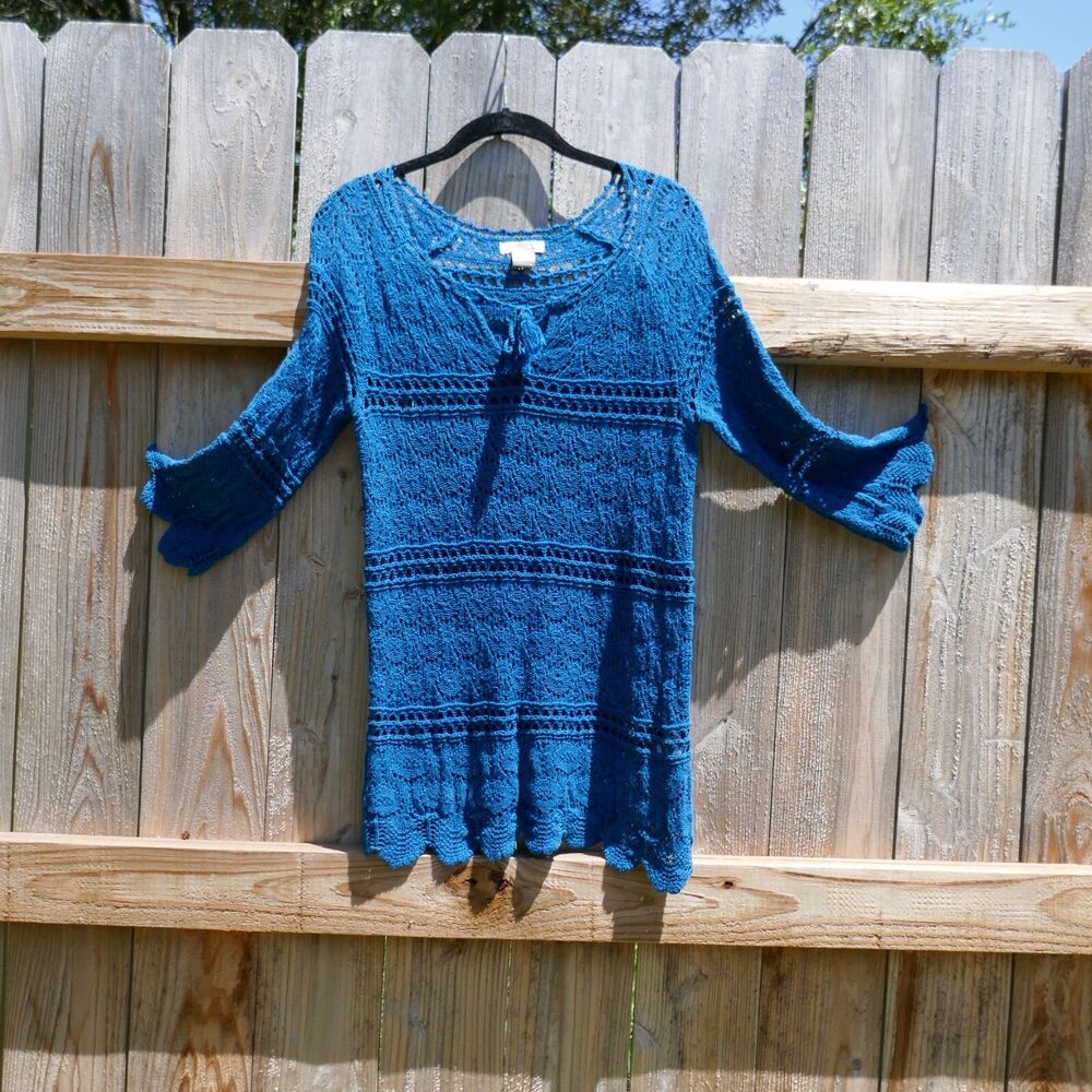 Lucky Brand Sweater Open Knit Crochet Blue Size Medium 3/4 Sleeve Cotton Boho - Picture 1 of 7
